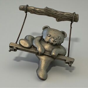 Vintage JJ JONETTE Silver Color Teddy Bear on Swing Whimsical Brooch